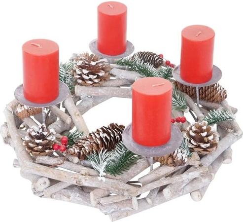 MCW Adventskranz aus Holz in Rot mit Stumpenkerzen, Durchmesser: 35 cm