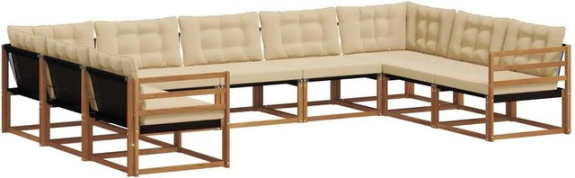 vidaXL Outdoor-Sofagarnitur 9-teilig in U-Form aus Akazienholz mit Textilene und beige Kissen - Bild 1