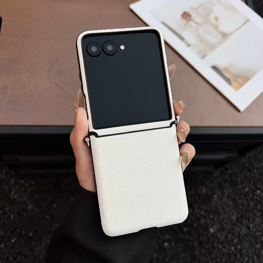 Luxuriöse Business-Schutzhülle aus weißem PU-Leder mit Litschi-Kornmuster für Samsung Galaxy Z Flip 5, Z Flip 6 und Z Flip 7 mit stoßfester Rückseite - Bild 1