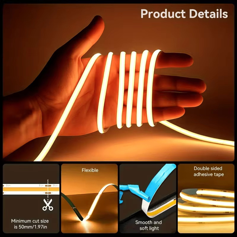 Shine-tale COB USB-LED-Streifen in Weiß, 5 V, wasserdichtes flexibles Lampenband mit 320 LEDs/m für TV-Hintergrundbeleuchtung, Spiegel, Küche und Möbel - Bild 3