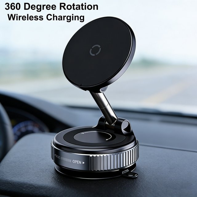Kebidumei Magnetische Vakuum Auto Telefonhalterung mit 15 W Drahtlosem Laden, Faltbares Design und 360 Grad Rotation, Schwarz - Bild 1