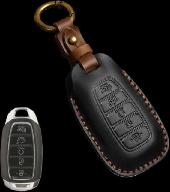 Leder Schlüsselanhänger Hülle für Hyundai I30 Ix35 Kona Encino Solaris Azera Grandeur Ig Accent Santa Fe Palisade 5 Tasten Fob Tasche in Schwarz, Braun oder Blau - Bild 1