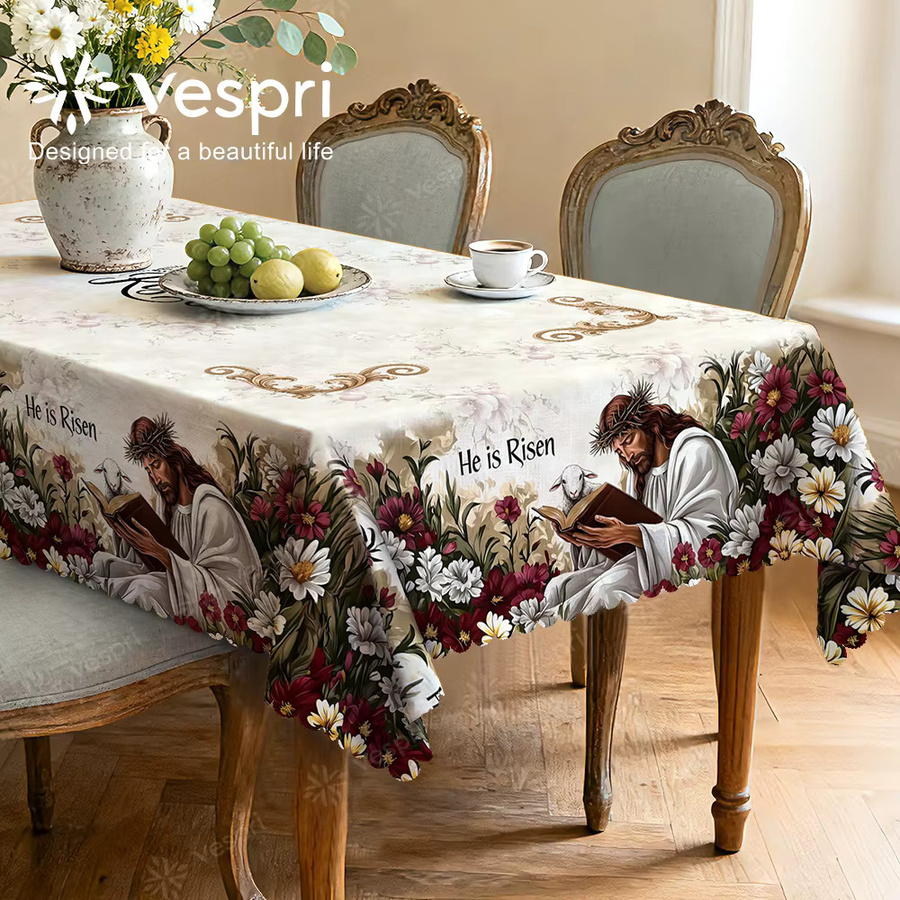 Vespri Oster-Tischdecke in Weiß und Beige mit floralem Muster für Party und Dekoration - Bild 3