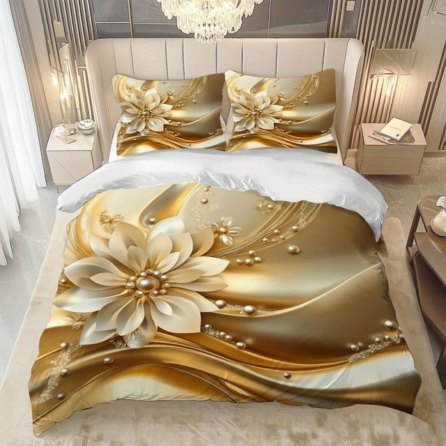 Latacaca 3-teiliges Bettwäsche-Set mit floralem Wellen-Design in Beige und Gold, bestehend aus einer Bettdecke und zwei Kissenbezügen, B/H: 135 x 200 cm - Bild 1