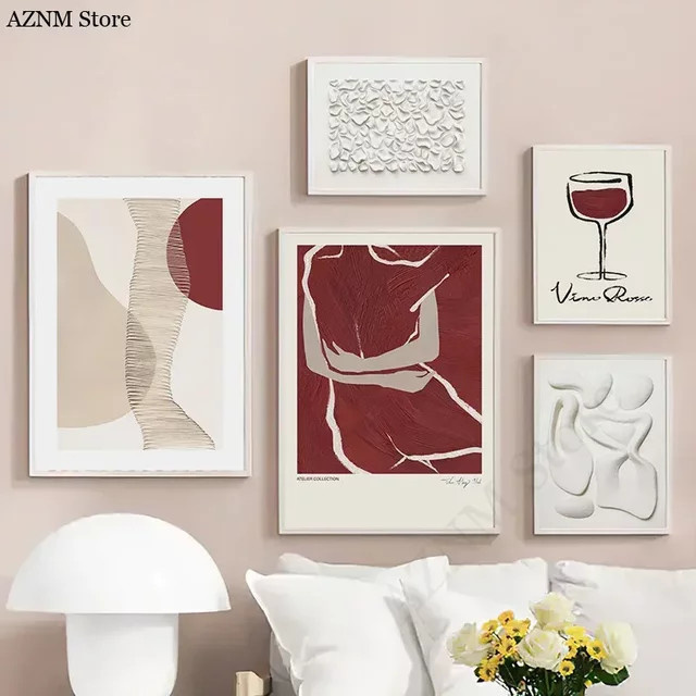 Moderner abstrakter Leinwanddruck Potdemiel Rotwein-Linien-Körper in Weiß als dekorative Wandkunst für dein Wohnzimmer - Bild 1