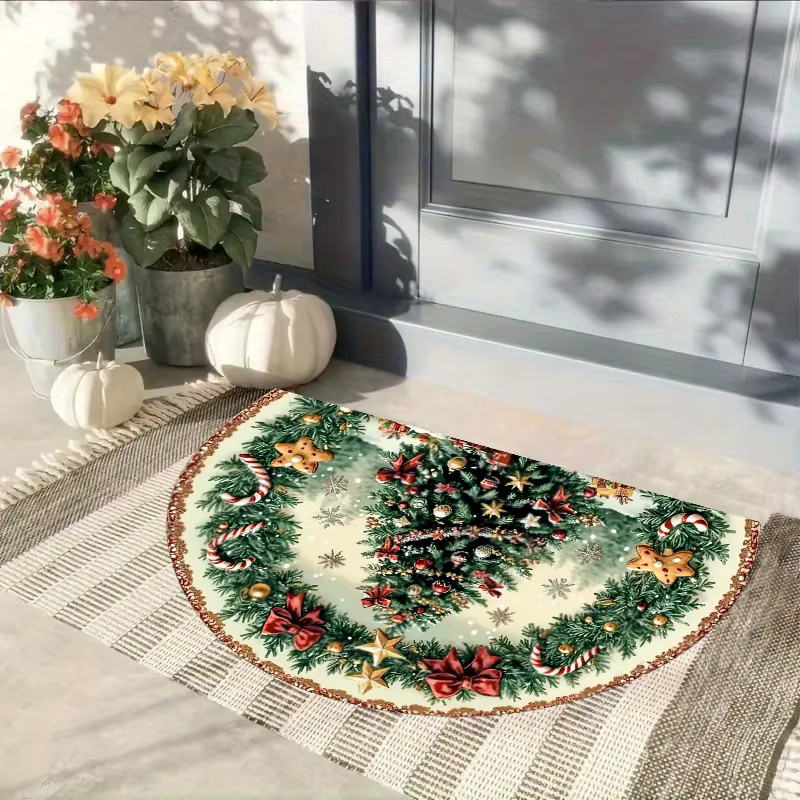 VIKAMA Halbrunde Weihnachtsfußmatte mit Kiefernschleife, dekorativer Teppich für den Eingangsbereich, Mehrfarbig, B/T: 60 x 40 cm - Bild 3
