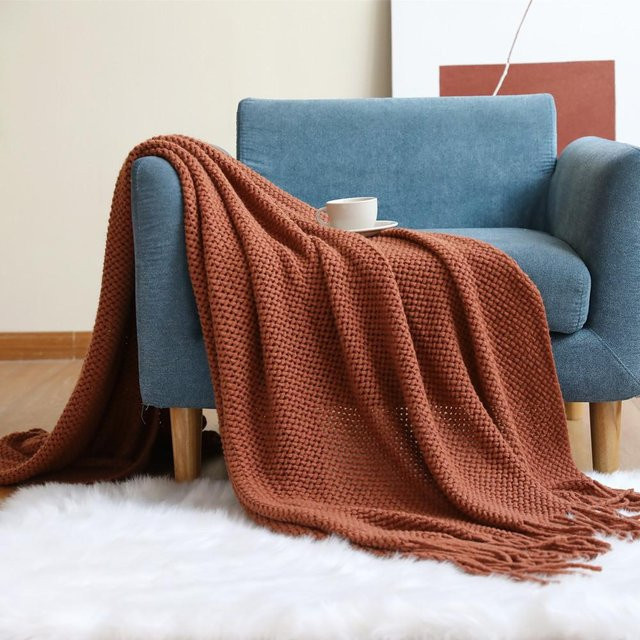 Gestrickte Woll-Kuscheldecke im skandinavischen Stil, Orange, B/B: 130 x 240 cm - Bild 1