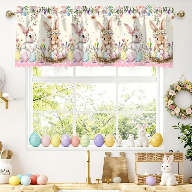 VIKAMA Oster-Vorhangpaneele mit Hasen, Eiern und Blumenmuster, kurz, mehrfarbig - Bild 1