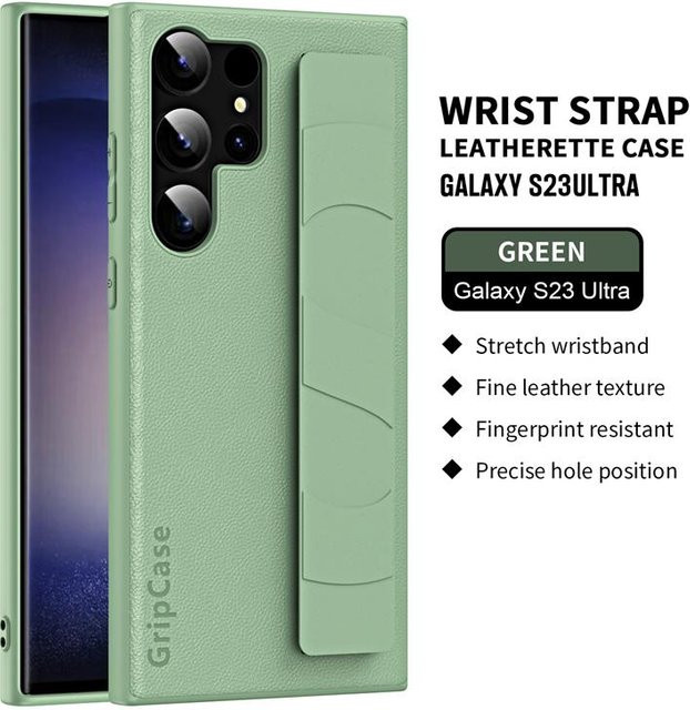 Robuste Leder-Handyhülle mit Handgelenk-Band für Samsung Galaxy S22, S23, S22 Ultra und S23 Ultra Plus in Grün - Bild 1