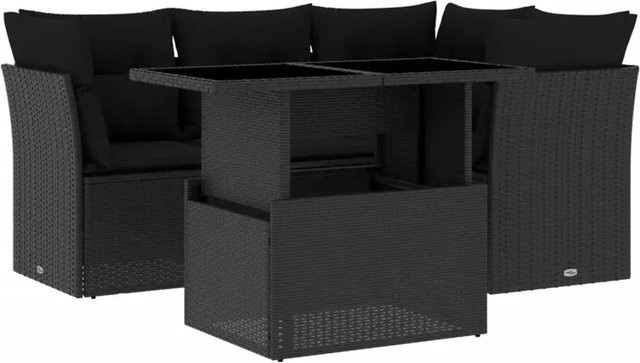 vidaXL 5-tlg Garten-Sofagarnitur in L-Form aus schwarzem Poly-Rattan mit Kissen und Gartentisch - Bild 1