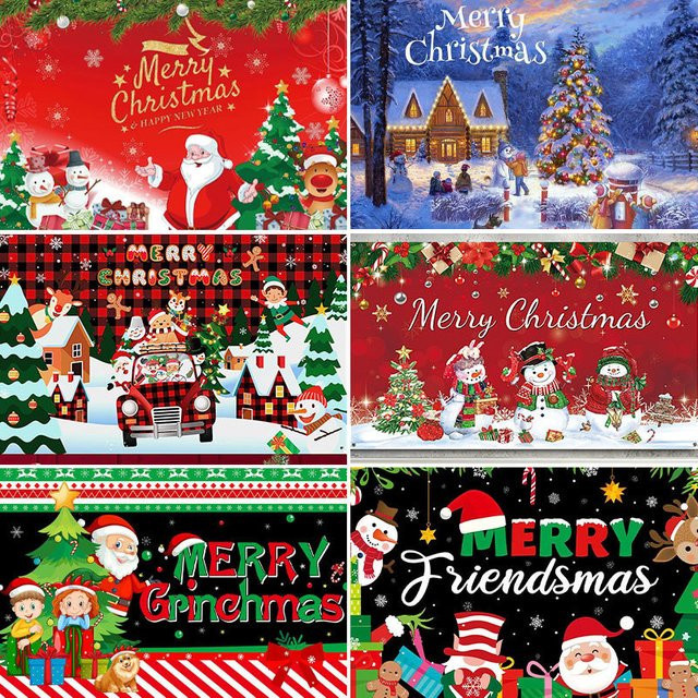 VIKAMA Weihnachtlicher Hintergrundstoff mit Weihnachtsmann und Schneeflocken als Party-Hängebanner, Mehrfarbig, B: 60,0 cm, H: 40,0 cm - Bild 1