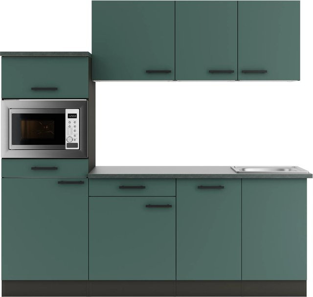 OPTIFIT Verona405 Küchenzeile in Steingrün mit modernem Design und melaminbeschichteten Türen und Schubladen, Breite: 210 cm - Bild 1