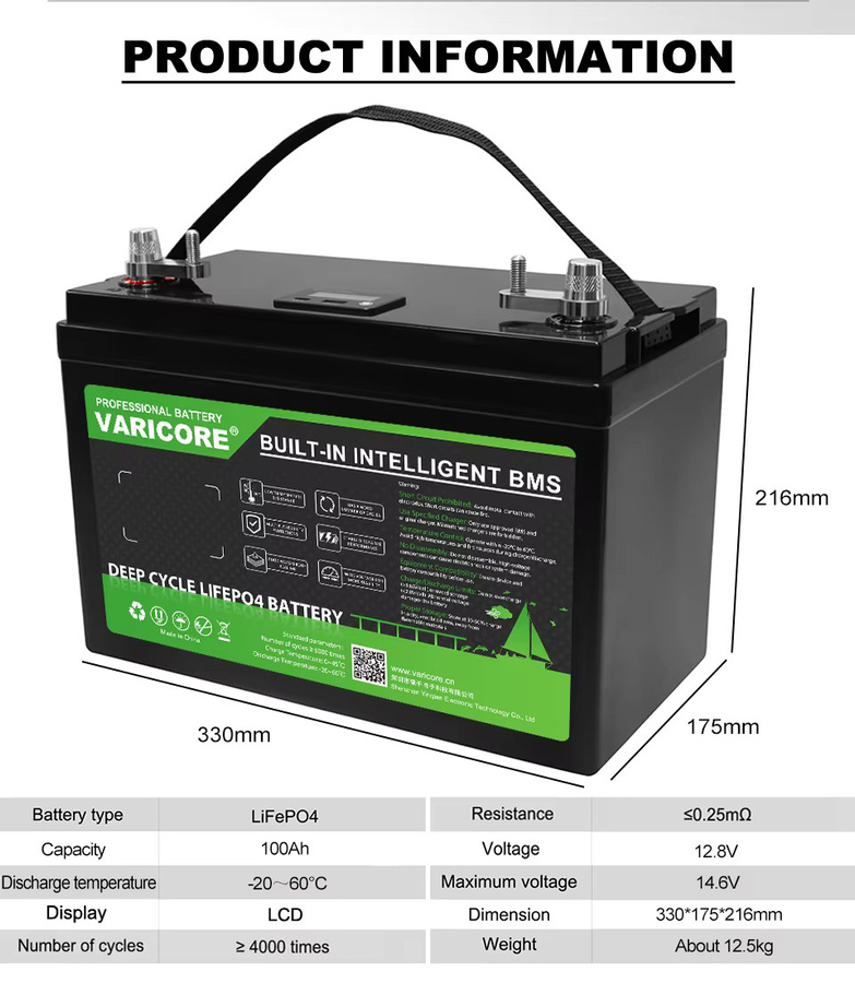 VariCore LiFePO4 Lithium-Akku 12,8V 100Ah mit A-Klasse-Zellen in Schwarz für Wohnmobil, Boot, Solarsystem und USV - Bild 2