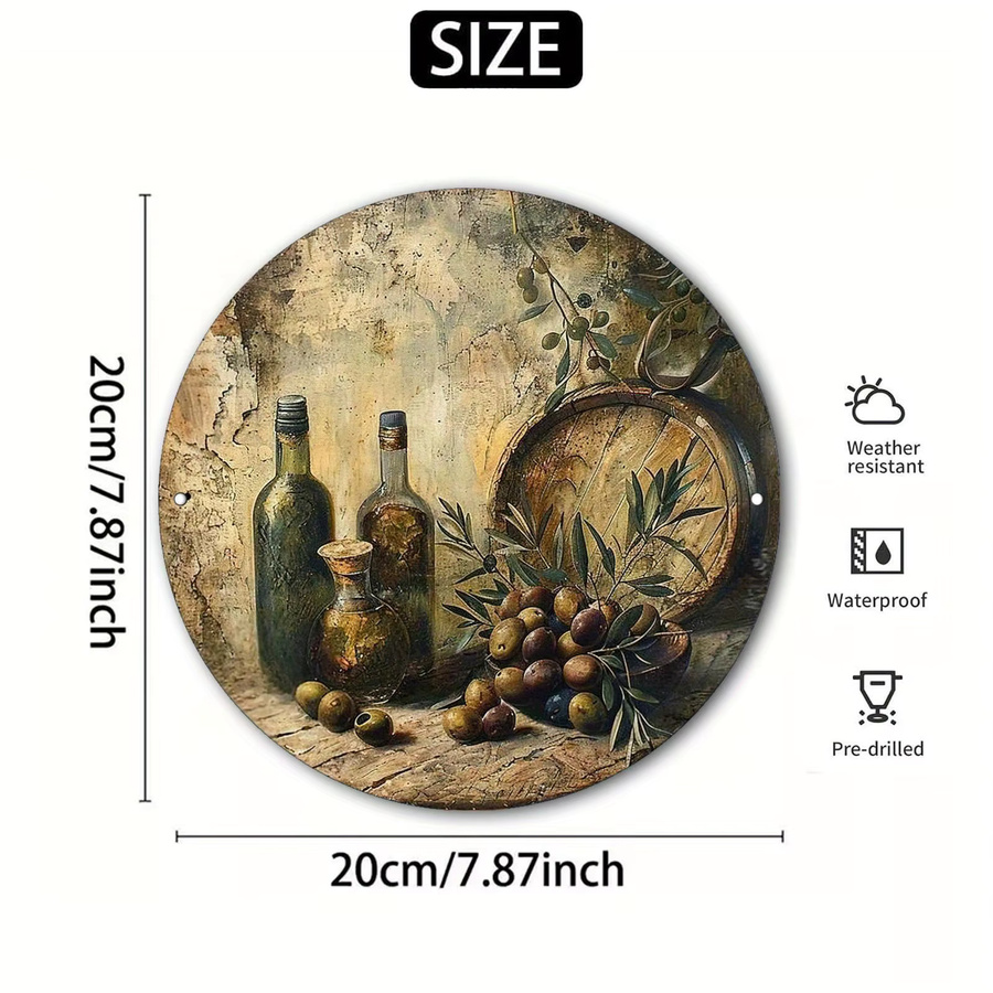 Potdemiel Wandkunstschild 2D Flat aus Aluminium im Vintage-Stil mit Stillleben von Flaschen, Gläsern und Oliven, rund, Mehrfarbig, Durchmesser: 19,99 cm - Bild 3