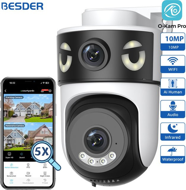 BESDER IP PTZ Outdoor Überwachungskamera mit Dual Screen, 10MP Wifi und 6MP AI Auto Tracking, Weiß - Bild 1