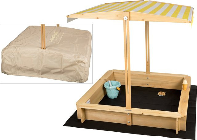 needs&wants Sandkasten aus Natur-Vollholz mit Dach, Sitzbänken und Abdeckung, B/T/H: 113 x 113 x 113 cm, gelb hellbraun - Bild 1