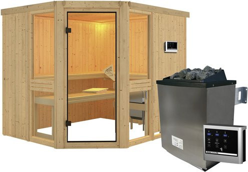 Karibu Sauna Pölva 3 aus Fichtenholz in Beige inklusive 9 kW Saunaofen mit externer Steuerung für 4 Personen, B/T/H: 231 x 196 x 198 cm - Bild 1