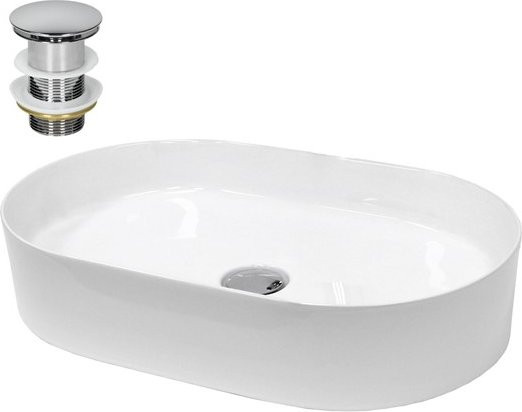 LuxeBath Waschbecken aus Keramik in Weiß mit ovaler Form und silberner Ablaufgarnitur ohne Überlauf, B/T/H: 60,5 x 38 x 12,5 cm - Bild 1