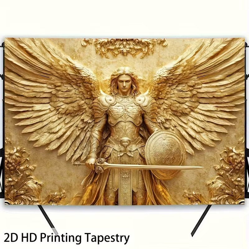 VIKAMA Wandteppich Charming Angel mit Erzengel Michael, dekoratives Kunstwerk in Gold, Textil-Wandbild für dein Wohnzimmer - Bild 3