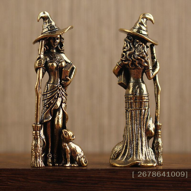 KuZHEN Vintage Hexenfigur aus Messing in Gold mit Besen und Katze als Deko-Statue für deinen Altar oder deine Heimdekoration - Bild 1