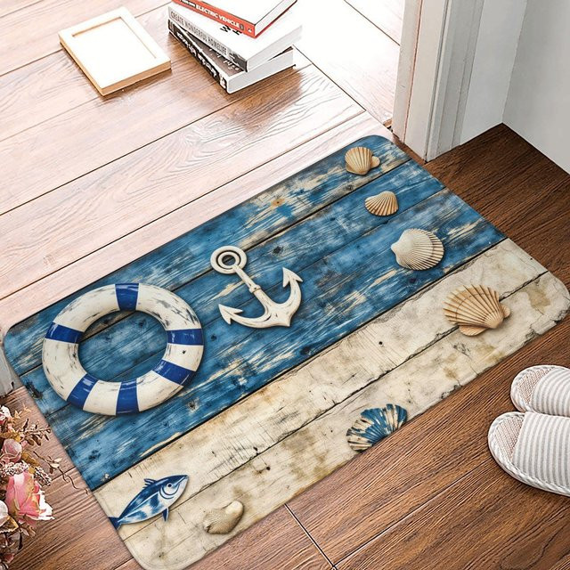 Rouxin two Fußmatte im maritimen Design mit Leuchtturm und Möwen, Marineblau, B/B: 40 x 60 cm - Bild 1