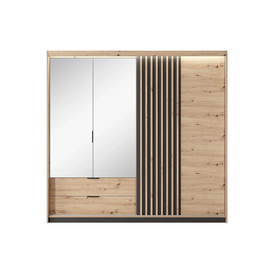Vente-unique Kleiderschrank Ariada in Schwarz und Naturfarben Hell mit Schiebetüren, integrierter LED-Beleuchtung und Spiegel, B/T/H: 220 x 60 x 210,4 cm - Bild 2
