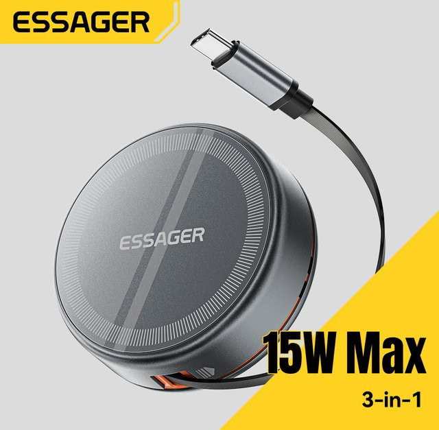 Essager 3-in-1 magnetisches kabelloses Ladegerät mit 15 W und einziehbarem Typ-C-Kabel für iPhone, AirPods und Smartwatches in Schwarz oder Grau - Bild 1