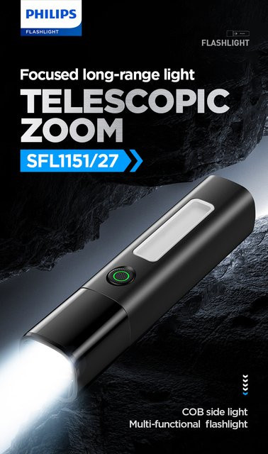 Philips SFL1151 LED Taschenlampe mit Teleskop-Zoom, COB-Seitenlicht und wiederaufladbarem 2000mAh Akku in Schwarz - Bild 1