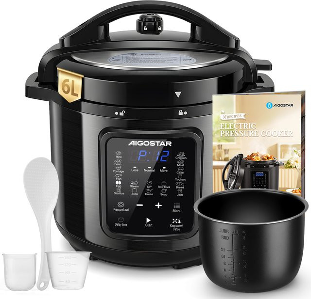 Aigostar Elektrischer Schnellkochtopf 18-in-1 Multikocher mit 6L Volumen, 1000W, Schwarz/Edelstahl - Bild 1