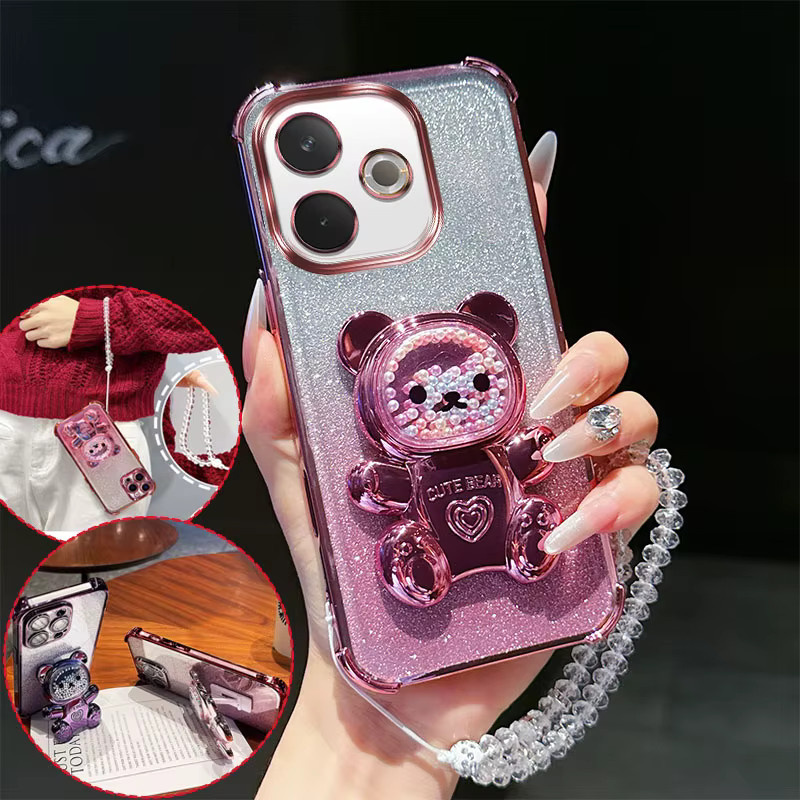 Stoßfeste Handyhülle für Oppo A5 Pro mit süßem 3D-Bärenständer, Glitzer-Design und Kristallketten-Lanyard, transparent/pink - Bild 3