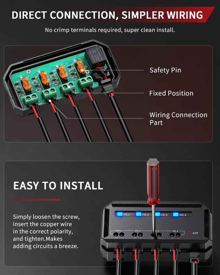 Anchtek 12 V Motorrad-Sicherungskasten in Schwarz, universeller Kfz-Sicherungsblock mit 4 Schaltkreisen, niedriges Profil und Mini-Blade-LED-Anzeige - Bild 2