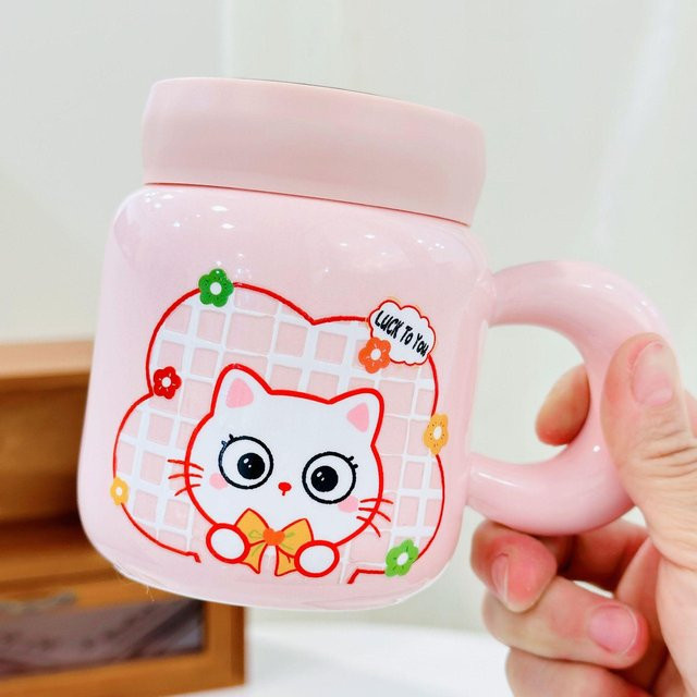 Yiran Furniture Keramiktasse mit Deckel Cartoon-Katze, Pink, 480 ml - Bild 1