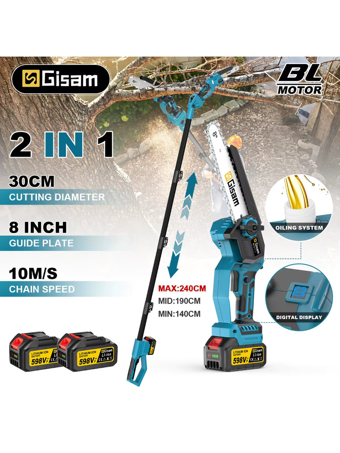 Gisam 2-in-1 Bürstenlose Teleskop-Elektrokettensäge 8 Zoll 4500W Garten-Hochastsäge in Blau für Makita 18V Akku - Bild 7