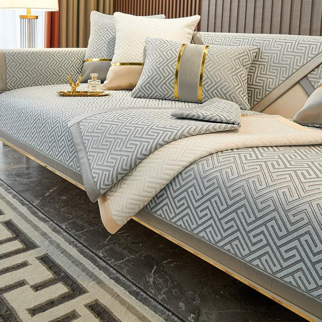 Luxuriöser Chenille Sofabezug in Grau, Rutschfestes Couchkissen für Sessel und Sofas, B/B/B: 70 x 70 x 70 cm - Bild 1