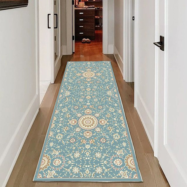 VIKAMA Teppichläufer Hellblau mit Blumenmedaillon im Vintage-Design, rutschfester Flurteppich für Flur, Schlafzimmer oder Küche - Bild 1