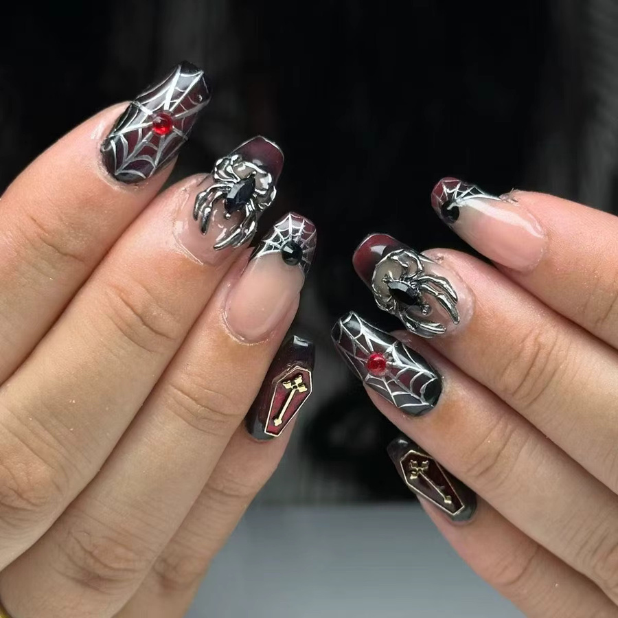 YADORNOS Press on Nails, Schwarz, Silber Spinne Design, 24 Stück, Unisex - Bild 2