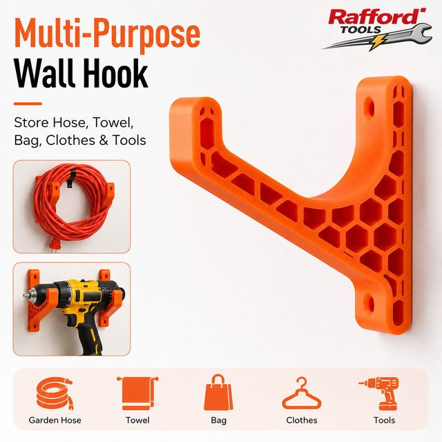 Rafford Schwerlast-Wandhaken in Orange als Mehrzweck-Aufbewahrungsregal für Schlauch, Kabel, Handtuch, Tasche, Kleidung und Elektrowerkzeuge - Bild 1