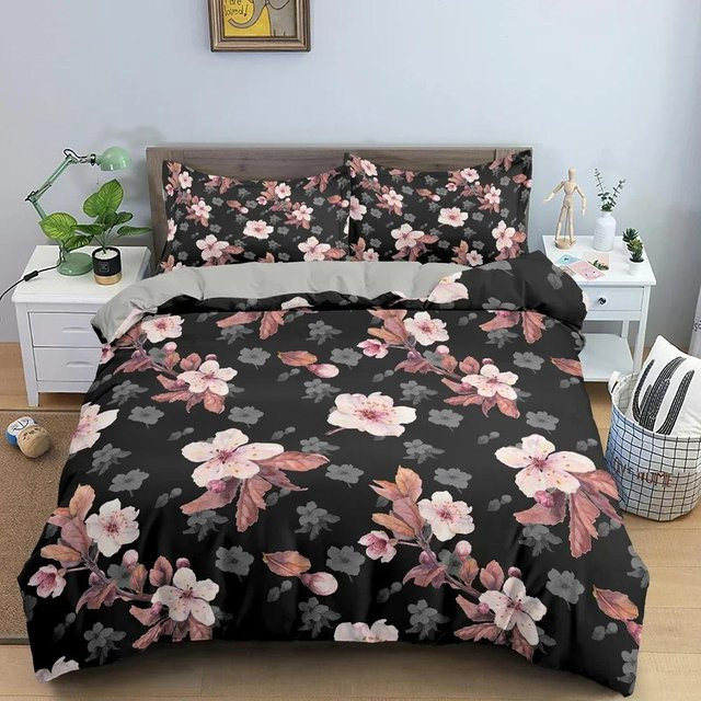 Lodestar Bettwäscheset mit Kirschblüten-Design in Schwarz, bestehend aus Bettdeckenbezug und Kissenbezug, B/H: 70 x 133 cm - Bild 1