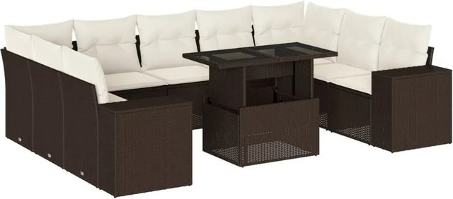 vidaXL 10-teilige Garten-Sofagarnitur in L-Form aus braunem Poly-Rattan mit wetterfesten Kissen und pulverbeschichtetem Stahlgestell - Bild 1