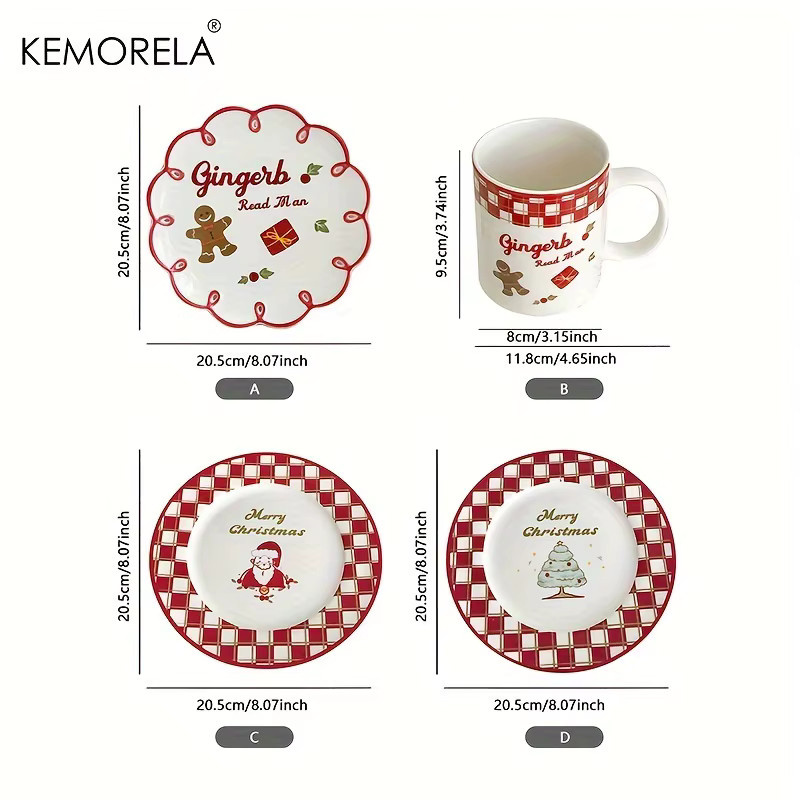 KEMORELA Weihnachts-Keramik-Geschirrset aus Porzellan mit Teller und Tassen für Dessert und Snacks - Bild 4