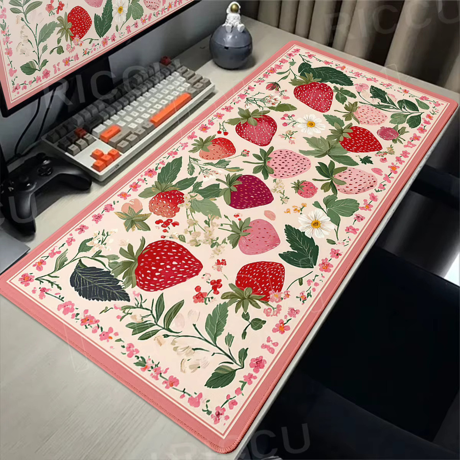 Riccu Schreibtischunterlage mit Blumen-Erdbeer-Design in Rot und Multicolour, rutschfestes Mauspad und Tastaturmatte aus Gummi - Bild 3