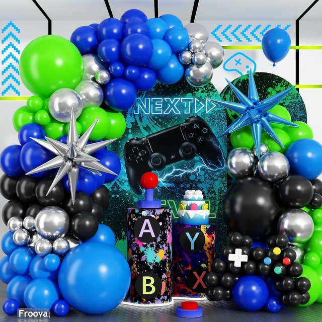 RENYUAN 125-teiliges Ballonbogen-Set in Blau, Grün, Schwarz und Silber mit Stern-Folienballons für Gaming-Geburtstagspartys - Bild 1