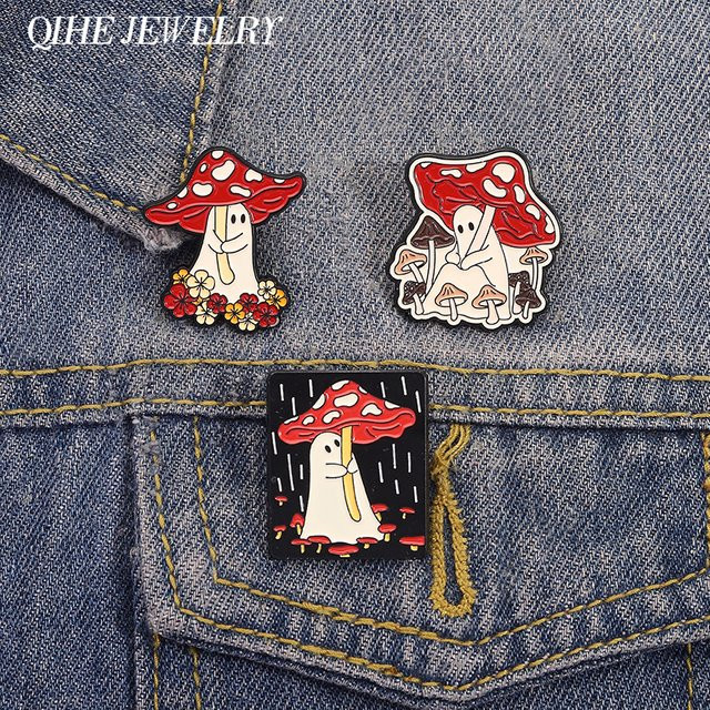 QIHE JEWELRY Emaille-Pin Wandernder Geist mit Pilzregenschirm, Metall, Unisex - Bild 1