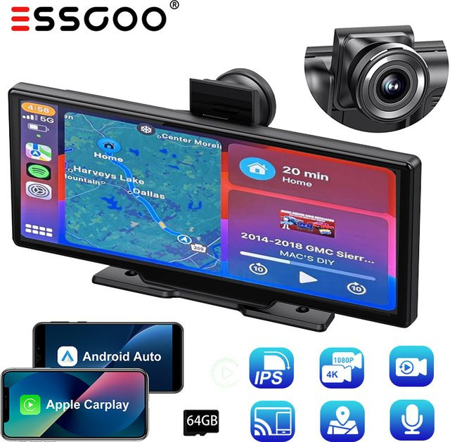 ESSGOO 4K Dash Cam mit 10,26 Zoll Touchscreen, 64G, Dual Objektiv, Bluetooth, WiFi, CarPlay und Android Auto, Schwarz - Bild 1