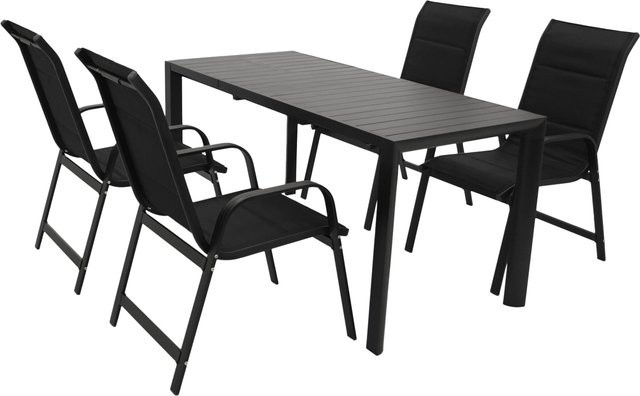 DEGAMO Gartenmöbel Garnitur LAGOS 5-teilig aus Aluminium in Anthrazit mit schwarzem Kunstgewebe, ausziehbarer rechteckiger Tisch und Stühlen - Bild 1