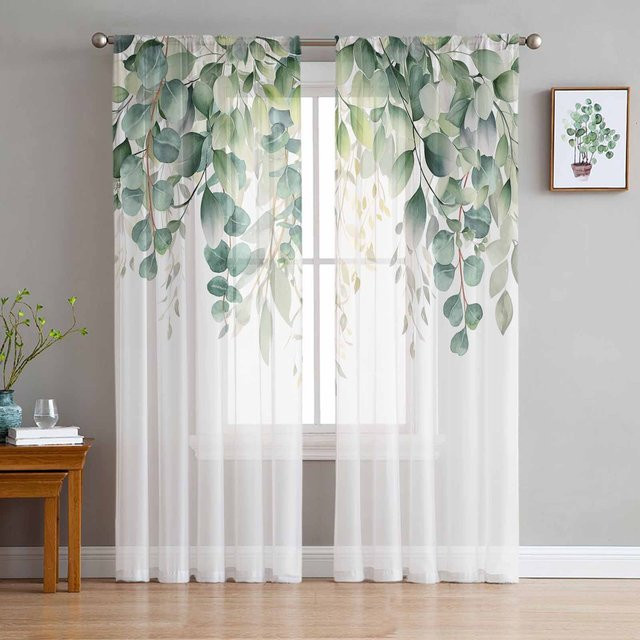 2er-Set Transparente Tüll-Vorhänge mit Eukalyptus-Aquarellmuster von Household supplies MH, Farbe: Transparent/Weiß, B: 135 cm, H: 215 cm - Bild 1