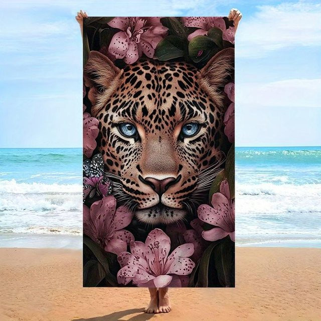 JMG Household Supplies Strandtuch mit Leoparden-Gesicht und rosa Blumendesign, Mikrofaser, schnelltrocknend und sandfrei, B/H: 50 x 100 cm - Bild 1