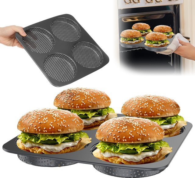 Willstar Hamburgerbrötchen-Backform aus Kohlenstoffstahl, 4 Hohlräume, perforiert, Antihaftbeschichtung, Schwarz, Durchmesser: 12 cm - Bild 1