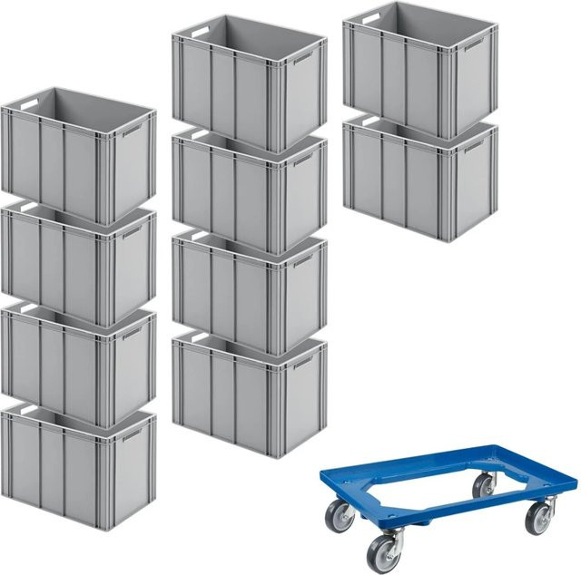 PROREGAL SparSet mit 10 Eurobehältern mit offenem Griff und 1 Transportroller, Blau/Grau, H x B x T: 42 x 40 x 60 cm, 70 Liter Eurobox Transportbox mit extra dicker Wandung - Bild 1