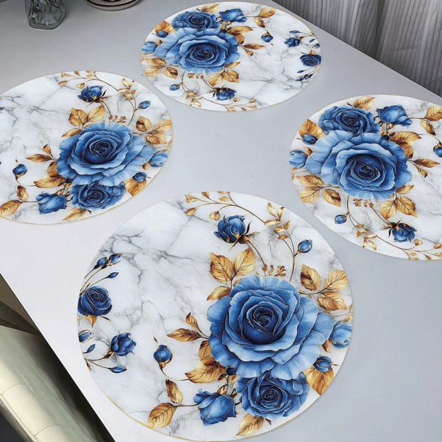 VIKAMA 4-teiliges Set runde hitzebeständige Tischsets mit blauem floralem Rosenmuster im modernen Kunststil - Bild 1